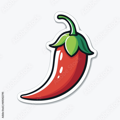 Vibrant illustration of a red chili pepper with a green stem and leaves, isolated on white.