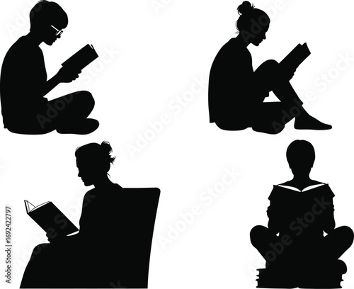 Diverse silhouettes of people engrossed in reading, promoting education and quiet contemplation
