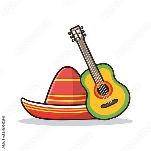 A vibrant illustration featuring a red sombrero and a yellow acoustic guitar, symbolizing Mexican culture.