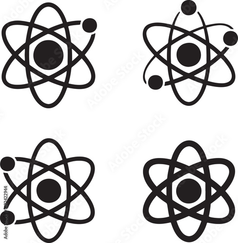 Atomic Structure Vector Icons Set – Black Atom Silhouettes with Electron Orbits in 2x2 Grid for Science and Physics Design  