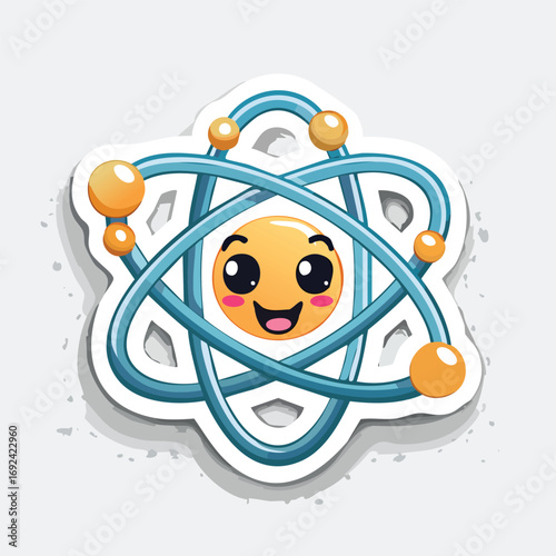Cartoon illustration of an atom with a smiling face, representing science and knowledge.