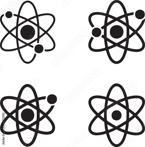 Atomic Structure Vector Icons Set – Black Atom Silhouettes with Electron Orbits in 2x2 Grid for Science and Physics Design  