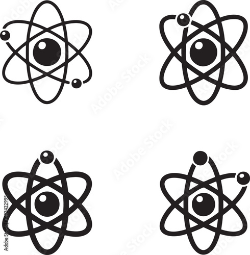Atomic Structure Vector Icons Set – Black Atom Silhouettes with Electron Orbits in 2x2 Grid for Science and Physics Design  