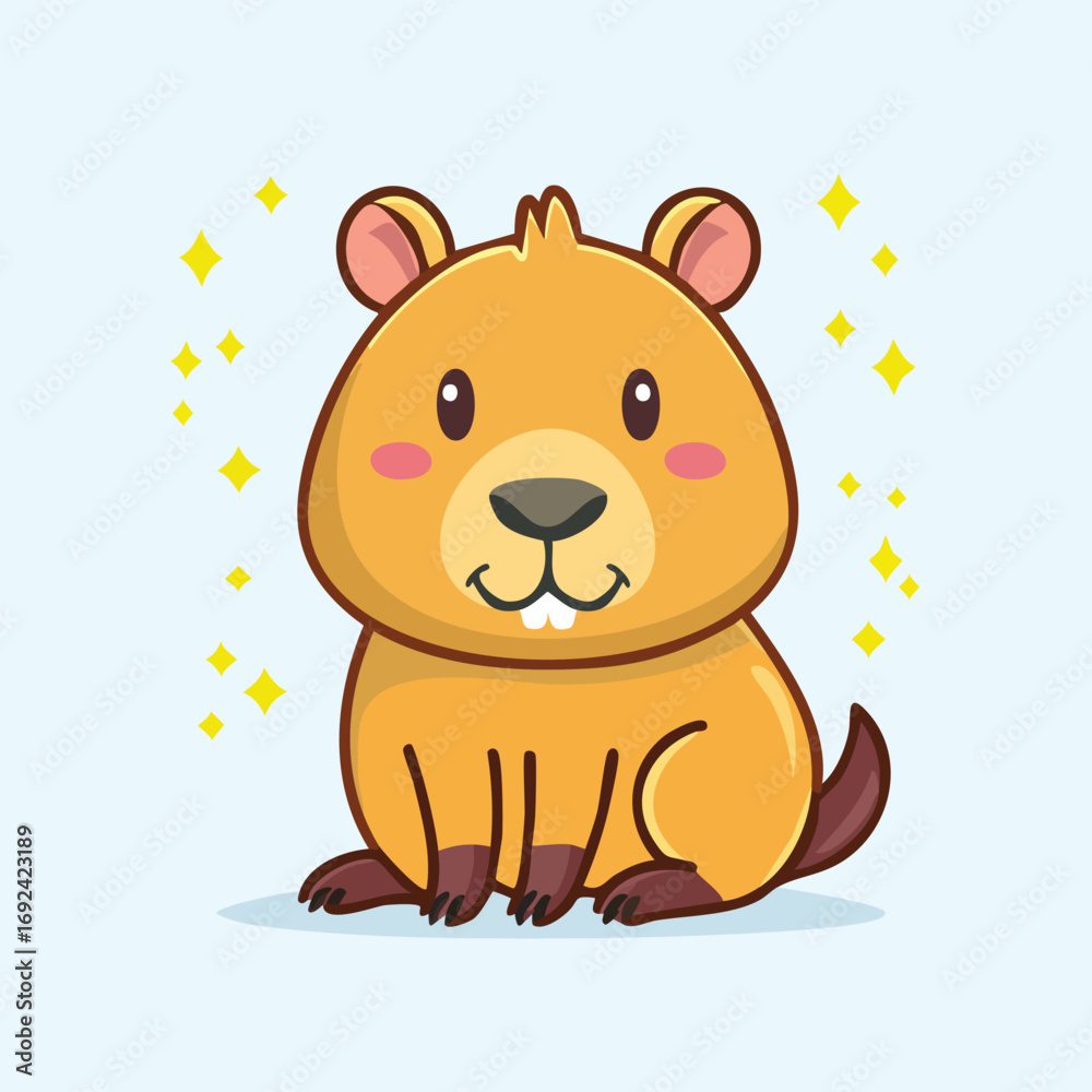 Obraz premium A cute cartoon groundhog with a brown body, sitting and smiling, with sparkles.