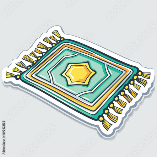 Cartoon illustration of a decorative rug with a central star design and tassels on the edges.
