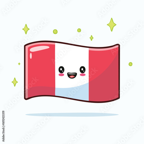 Cute cartoon illustration of the Peruvian flag with a smiling face and sparkling effects.