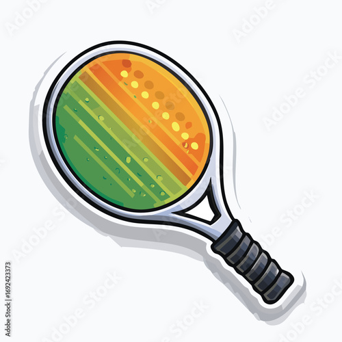 Illustration of a tennis racket with a green and orange gradient on the strings.
