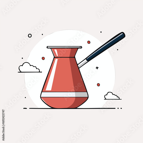 A stylized illustration of a red cezve with a black handle, set against a light pink background with abstract shapes.
