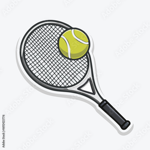 A tennis racket with a tennis ball resting on the strings, ready for play.