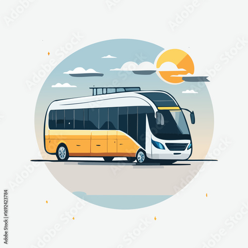 Modern yellow and white bus illustration with a roof rack under a sunny sky, depicting public or private transport.