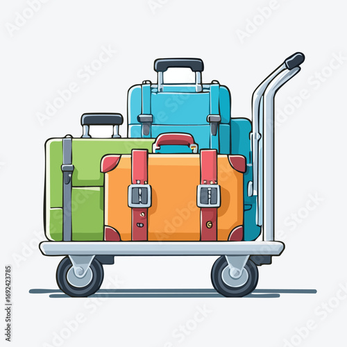 Illustration of a luggage cart loaded with several colorful suitcases ready for travel.