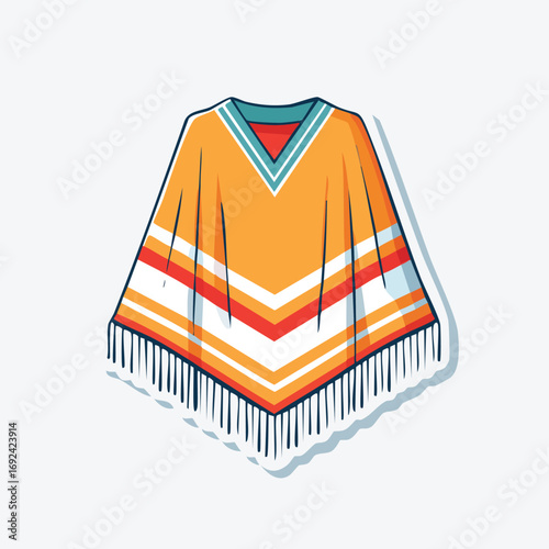 Illustration of a vibrant orange poncho with a striped design and fringed edges, isolated on white.