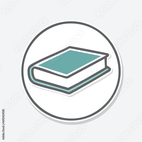 A simple illustration of a closed book, depicted with a teal cover and a white outline, inside a gray circle.