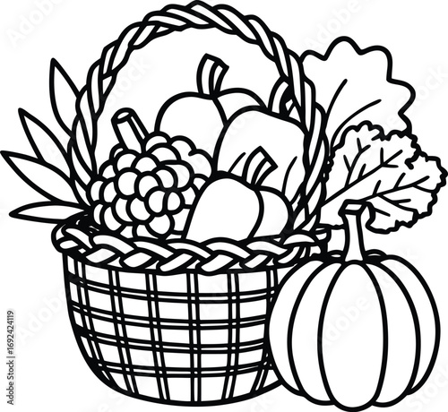 Black and white outline drawing of a harvest basket overflowing with vegetables and a pumpkin Keywords: basket, harvest, vegetables, pumpkin, food, autumn, fall, illustration, drawing, outline