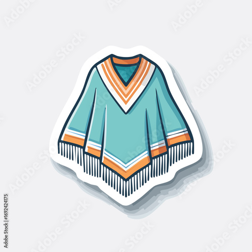 A stylized cartoon sticker of a turquoise and orange poncho with a V-neck collar and dark fringe, isolated on a light gray background.