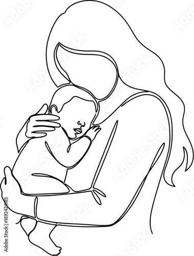 Tender moment of a mother holding her sleeping baby close in a gentle embrace