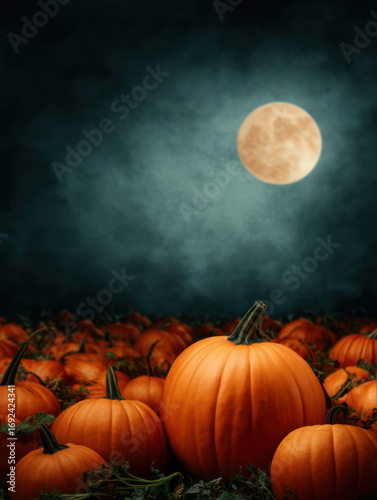 field of vibrant orange pumpkins under a bright full moon, creating an enchanting autumn night atmosphere.