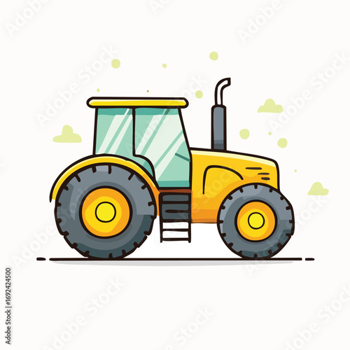 A bright yellow tractor with large wheels and a cab, set against a white background with subtle green and yellow accents.
