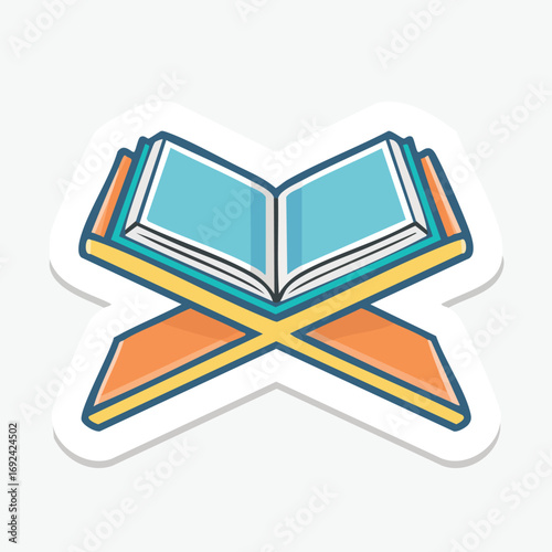 Cartoon sticker of an open holy book, possibly the Quran, on a traditional wooden book stand, with blue pages and a yellow cover.