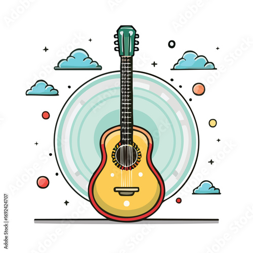 Acoustic guitar with a yellow body and red trim, set against a circular background with clouds and stars.