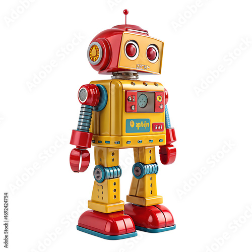 A classic red and white tin toy robot stands isolated against a white background, embodying vintage sci-fi fun and childhood memories