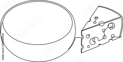 Simple line drawing of a round cheese wheel and a wedge with holes