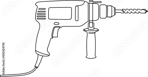 Close-up illustration of a power drill with a drill bit, ready for work.