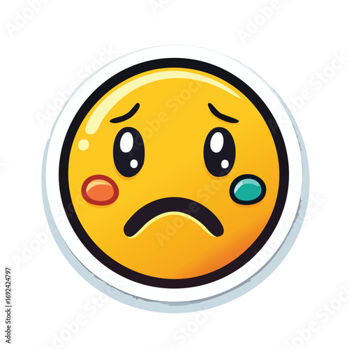 A glossy sticker of a sad yellow emoji with large teary eyes, a single teardrop, and a frowning mouth on a white background.