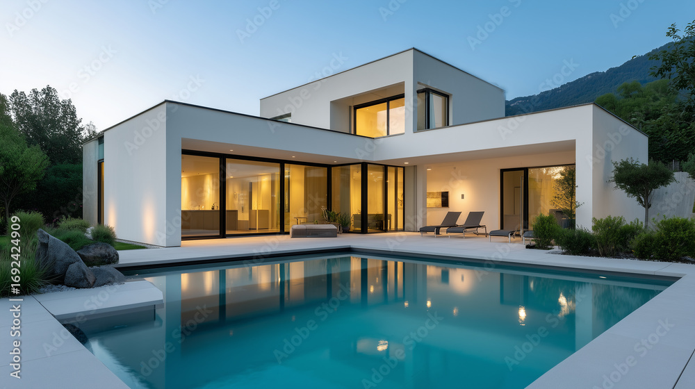 Fototapeta premium Modern minimalist cubic villa with pool at sunset
