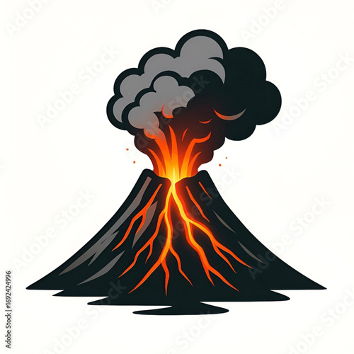 Cartoon Style Volcano Eruption with Glowing Lava Cracks and Smoke Plume