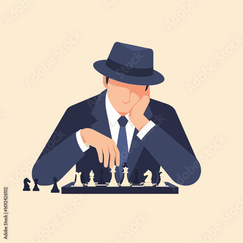 Man in suit and hat playing chess thoughtfully.