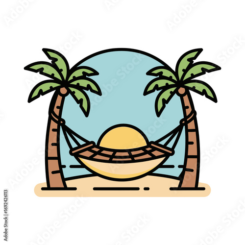 Hammock between palm trees with sun and ocean view.