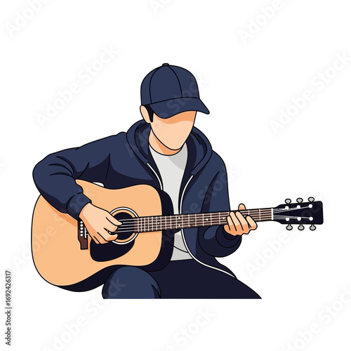 Person playing acoustic guitar with cap and jacket.