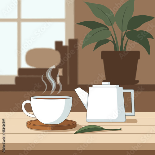 Steaming cup of tea and teapot on a table with a plant.
