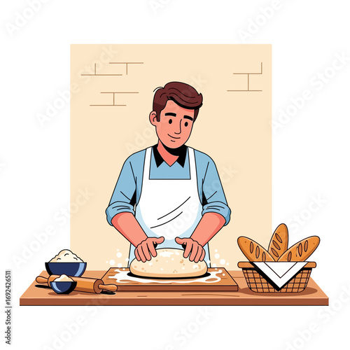 Baker kneads dough with bread and ingredients on a counter.