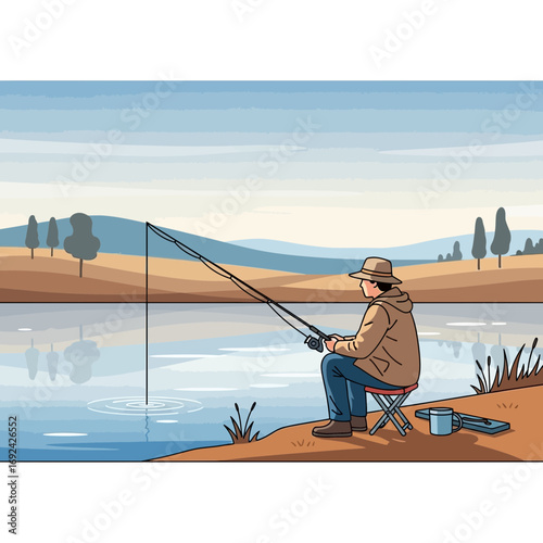 Man fishing by a lake with trees and hills in the background.