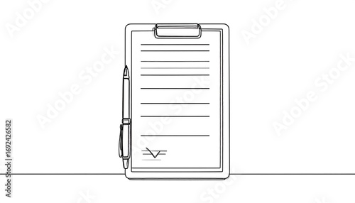 Simple outline drawing of a clipboard with document and pen