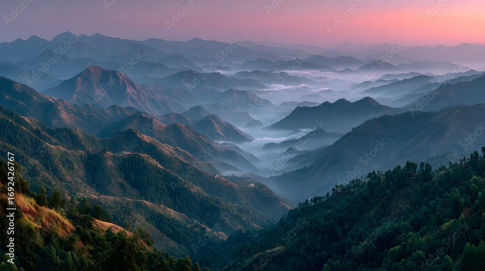 Naklejka premium Breathtaking panoramic photograph of layered, forest-covered mountains at dawn. Thick morning mist settles in the valleys, creating a serene, majestic view.