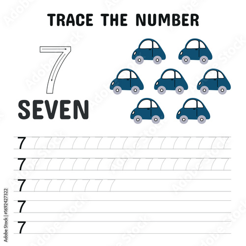 Number 7 tracing worksheet for kids with seven blue cars, designed to help preschoolers practice counting and improve their handwriting skills in a fun way.