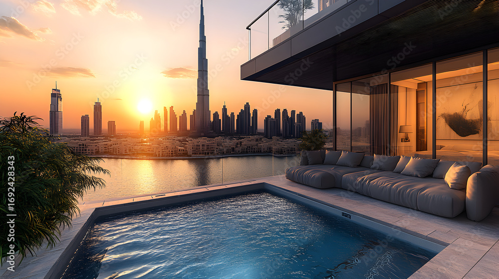 Obraz premium Modern luxury architecture in Dubai, 3D render of stylish penthouse apartment with infinity pool and large balcony, panoramic city skyline view with skyscrapers and iconic landmark towers at sunset