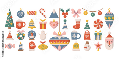 Christmas geometric design elements set with various winter holiday decorations and attributes