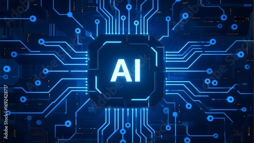 AI Chip with Circuit Board Design in Blue Illumination