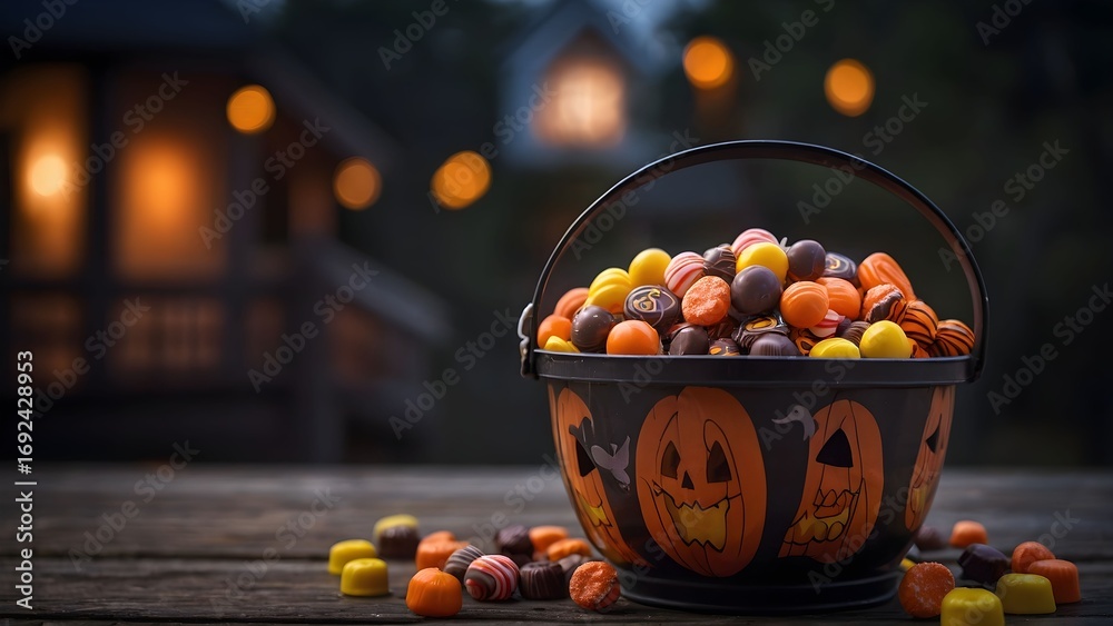 Naklejka premium Colorful Halloween candy bucket placed on a wooden table with a softly lit house in the background during an autumn evening celebration Generative AI
