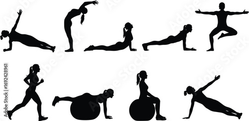 Silhouette Vector of Women Doing Yoga, Fitness, Running, and Exercise Poses Including Balance Ball and Strength Training Positions