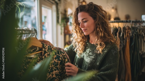 Young woman choosing clothes in a cozy vintage store, highlighting sustainable fashion, eco awareness, slow lifestyle, and mindful second hand shopping culture.