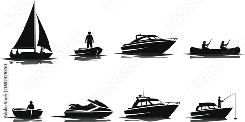 Boat and watercraft silhouette vector set, including sailboat, yacht, canoe, fishing boat, rowboat, and jet ski for marine activity illustrations
