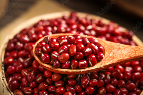 Fresh Red Adzuki Beans from Guizhou Province China in Wooden Bowl with Spoon Traditional Asian Legumes