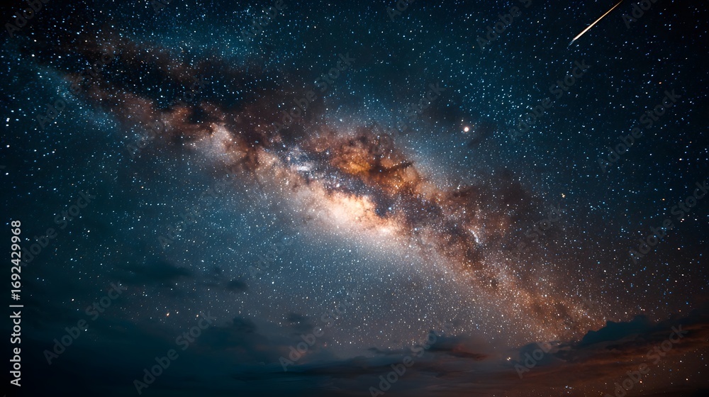 Fototapeta premium Crystal-clear, long-exposure astrophotography of the Milky Way from a high-altitude desert. Countless stars and a subtle shooting star are visible.