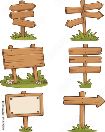 Collection of cartoon wooden signposts with grass and flowers directional sign arrow