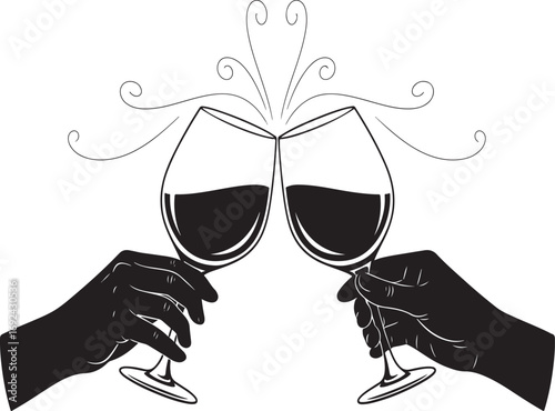 Silhouette of two hands holding wine glasses toasting with swirls vector illustration
